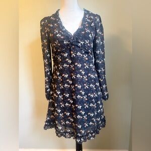 Black brown floral boho cottage core whimsigoth long sleeve mini dress medium‎
